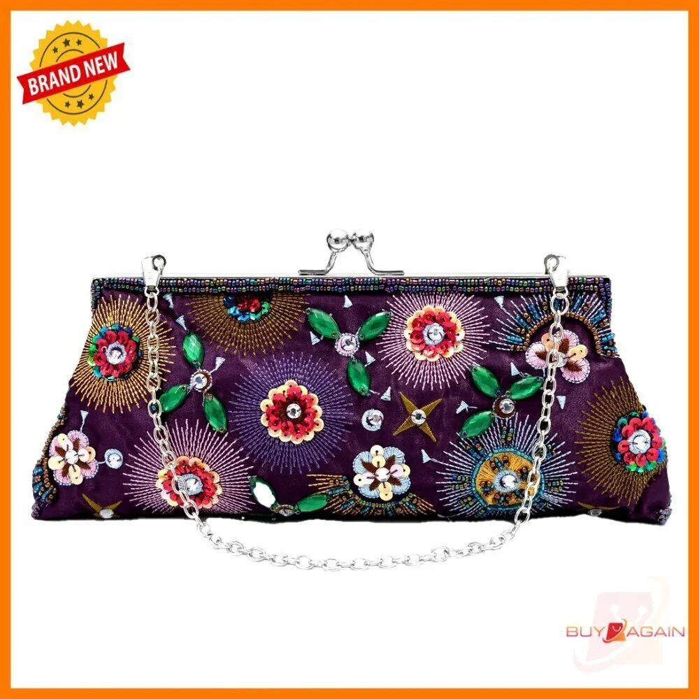 Vintage Floral Embroidered Sequined Evening Clutch Purse with Chain Strap